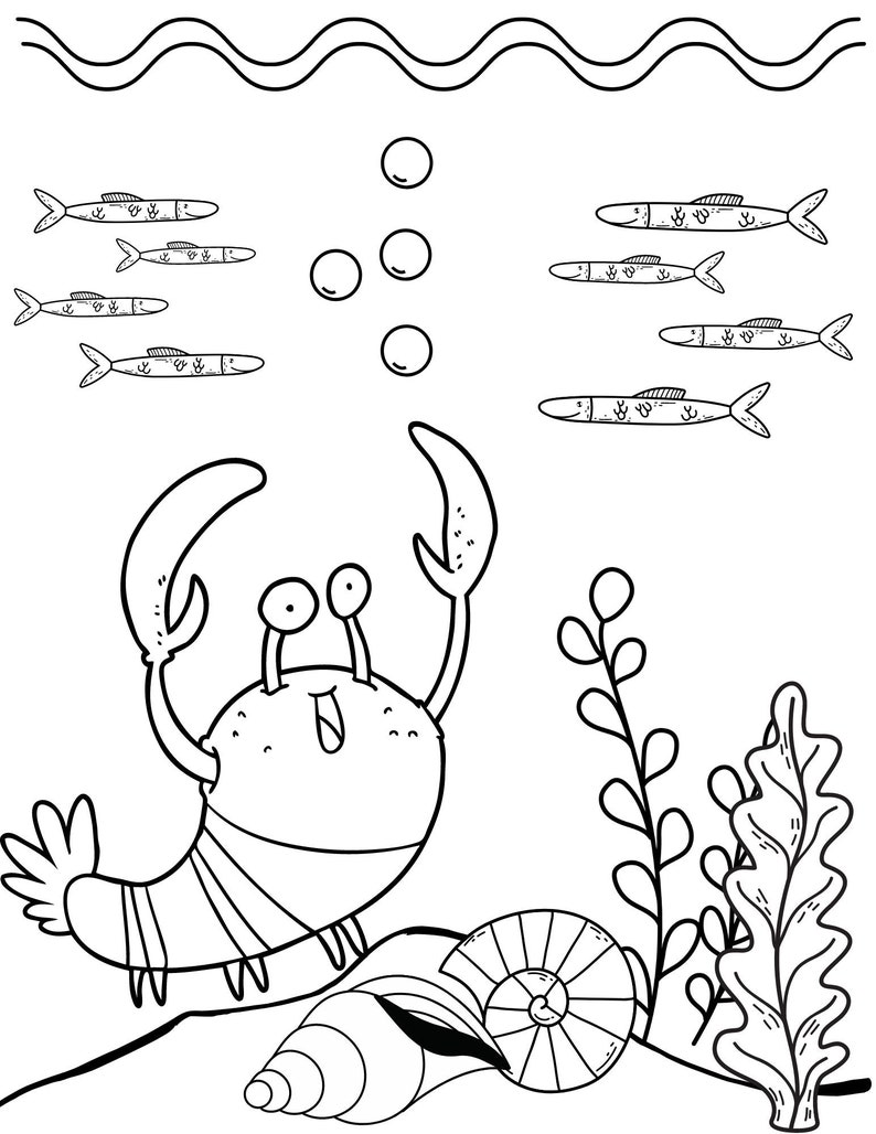 May include: A black and white line drawing of a crab with large claws, a seashell, and seaweed. The crab is smiling and has large eyes. There are also several small fish swimming in the water above the crab.