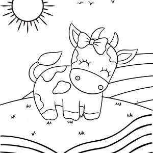May include: A black and white line drawing of a cow with a bow on its head. The cow is standing on a hill with a sun and birds in the background.