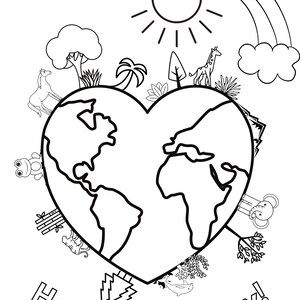 May include: A black and white illustration of the Earth in the shape of a heart. The Earth is surrounded by animals, plants, and the sun. The text "Happy Earth Day!" is written below the Earth.