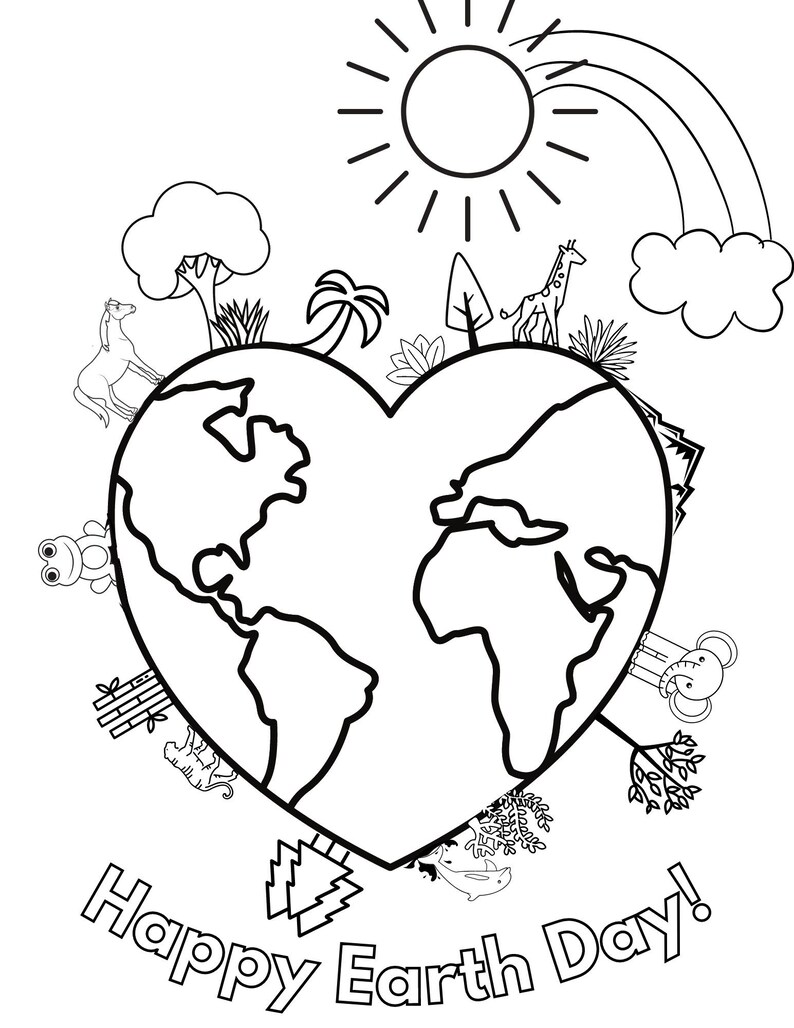 May include: A black and white illustration of the Earth in the shape of a heart. The Earth is surrounded by animals, plants, and the sun. The text "Happy Earth Day!" is written below the Earth.