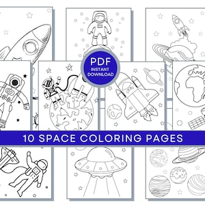 May include: Ten black and white colouring pages featuring space-themed illustrations. The illustrations include astronauts, rockets, planets, stars, and a spaceship.