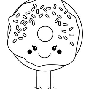May include: A black and white line drawing of a donut with sprinkles, smiling with eyes and a mouth. The donut has two legs and is wearing shoes.