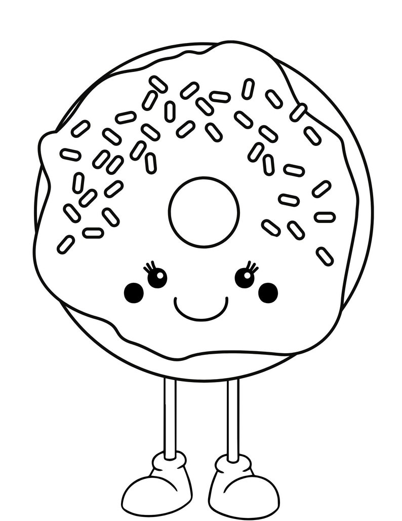 May include: A black and white line drawing of a donut with sprinkles, smiling with eyes and a mouth. The donut has two legs and is wearing shoes.