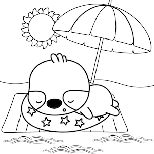 Peut inclure: Un dessin au trait noir et blanc d'un animal de dessin anim&eacute; portant un gilet de sauvetage avec des &eacute;toiles et dormant sous un parasol sur une plage.