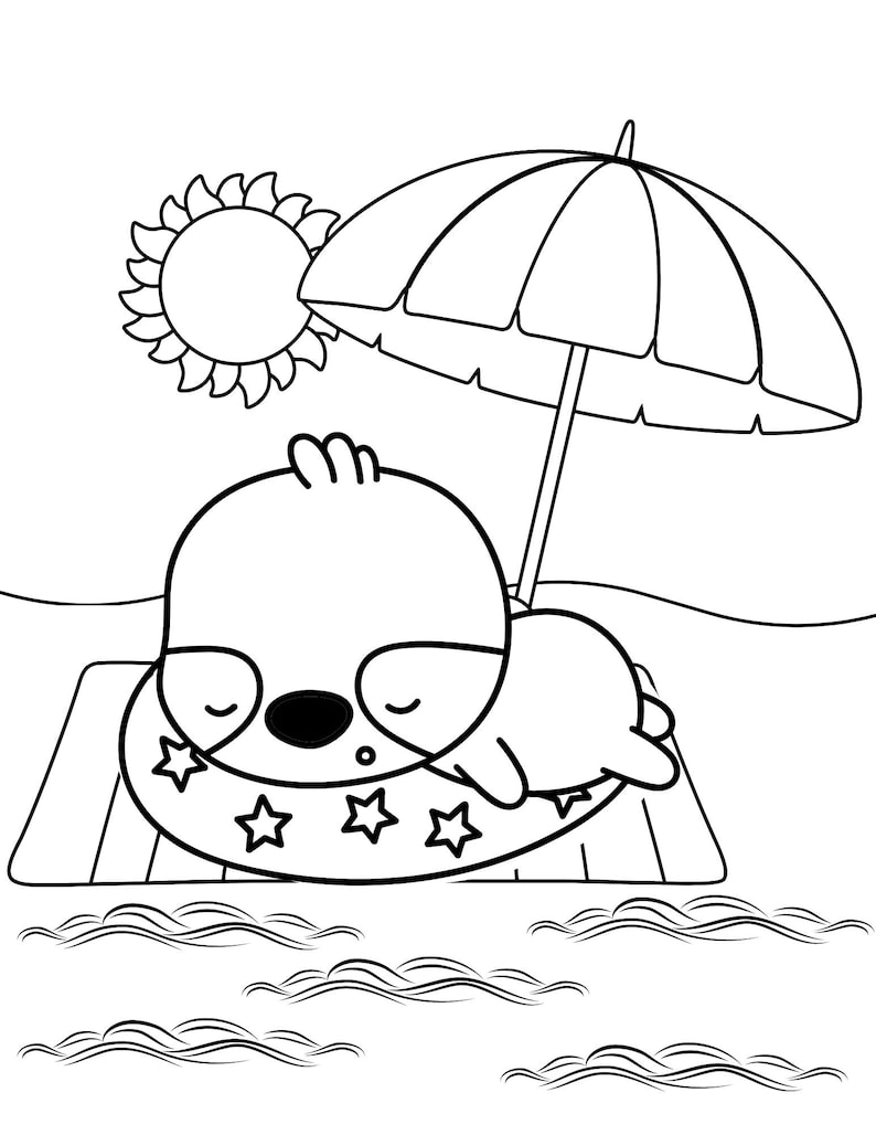 Peut inclure: Un dessin au trait noir et blanc d'un animal de dessin anim&eacute; portant un gilet de sauvetage avec des &eacute;toiles et dormant sous un parasol sur une plage.