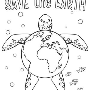 May include: A black and white line drawing of a turtle carrying the Earth on its back. The turtle is surrounded by small circles and fish. The text "SAVE the EARTH" is at the top of the image.