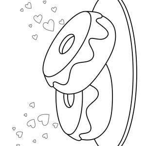 May include: A black and white line drawing of two doughnuts with icing on a plate. The doughnuts are surrounded by small hearts.