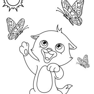 May include: Black and white line art illustration of a cartoon cat with butterflies and a sun. The cat is smiling and waving, with butterflies fluttering around it. The sun is in the upper left corner.