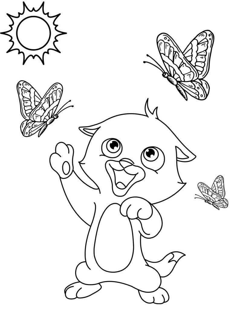May include: Black and white line art illustration of a cartoon cat with butterflies and a sun. The cat is smiling and waving, with butterflies fluttering around it. The sun is in the upper left corner.