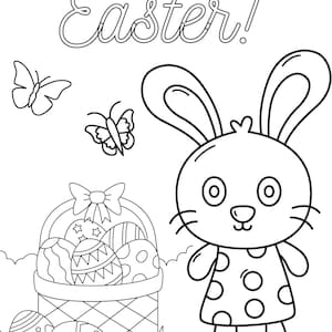 May include: A black and white coloring page featuring a bunny holding a basket of Easter eggs. The bunny is wearing a polka dot dress and has large eyes. The text "Happy Easter!" is at the top of the page.