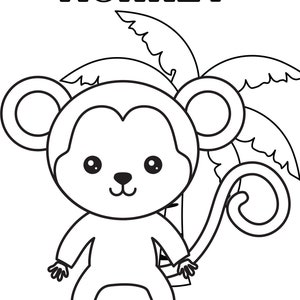 May include: A black and white line drawing of a monkey with a curled tail, standing in front of a palm tree. The word "MONKEY" is written above the monkey.