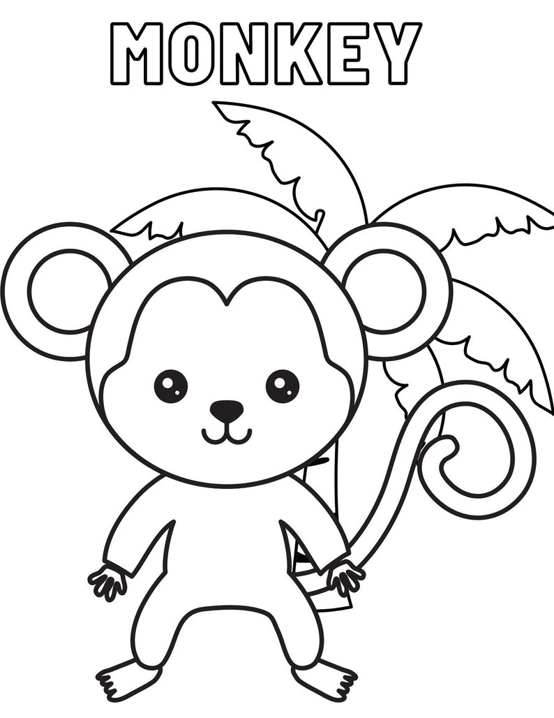May include: A black and white line drawing of a monkey with a curled tail, standing in front of a palm tree. The word "MONKEY" is written above the monkey.