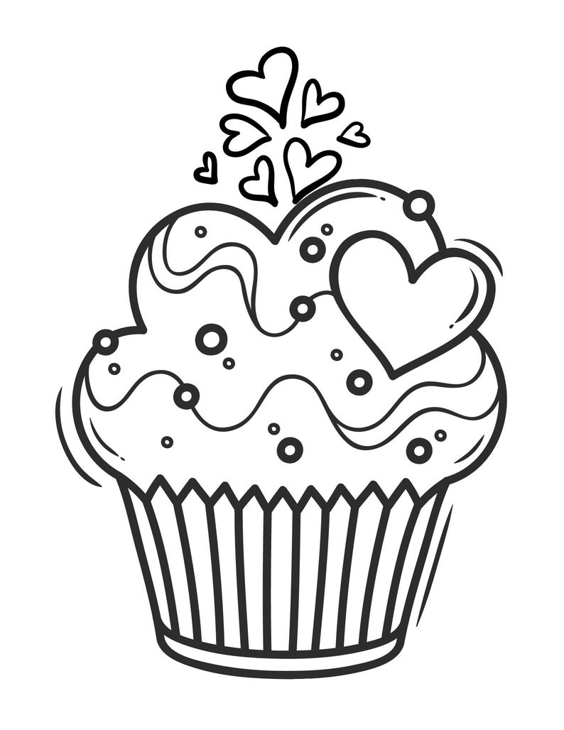 May include: A black and white line drawing of a cupcake with heart-shaped frosting and a heart on top. The cupcake is surrounded by small hearts.