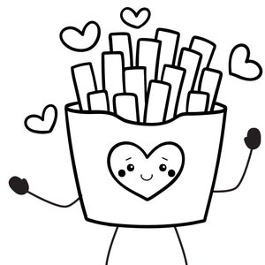 May include: A black and white line drawing of a cartoon french fry container with a heart-shaped face and arms and legs. The container is filled with french fries and there are hearts floating around it.