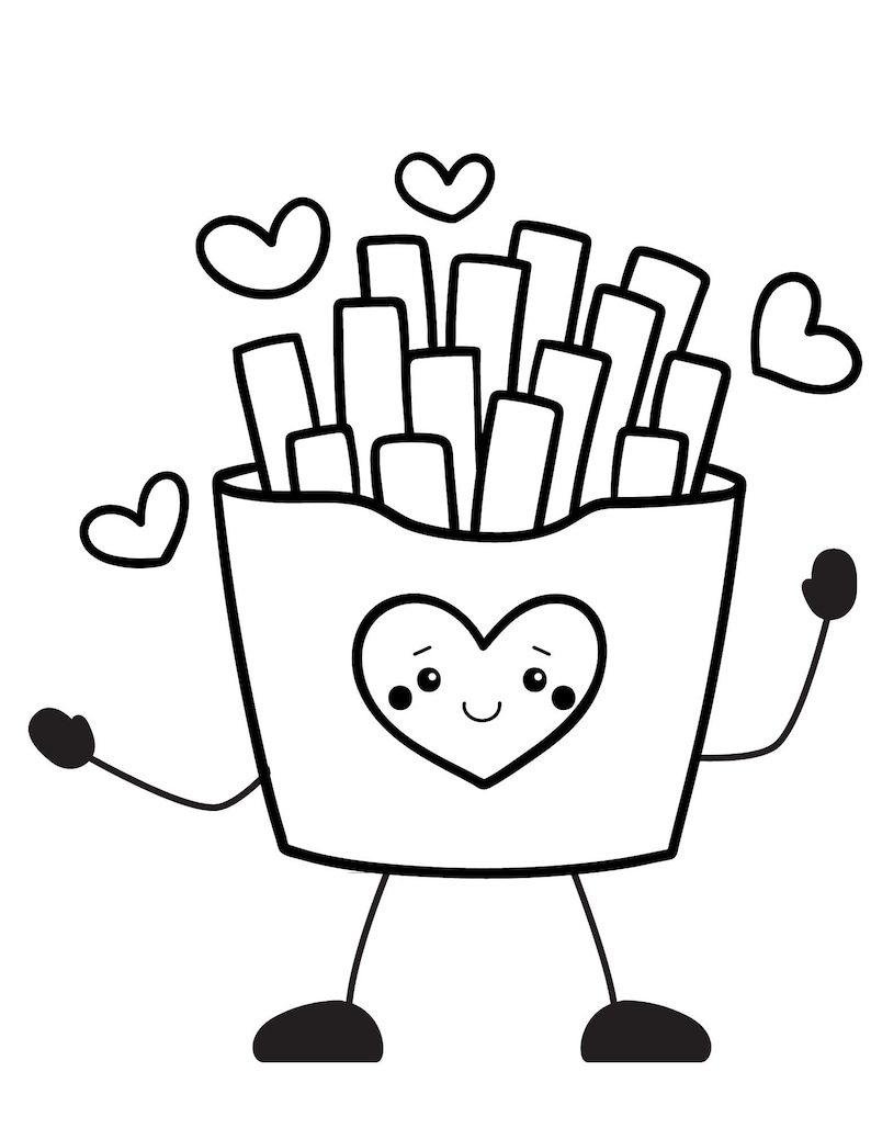 May include: A black and white line drawing of a cartoon french fry container with a heart-shaped face and arms and legs. The container is filled with french fries and there are hearts floating around it.
