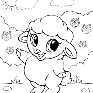 May include: A black and white line drawing of a cute cartoon lamb with big eyes and a happy expression. The lamb is standing in a field with grass and flowers. There are blueberries scattered around the lamb.