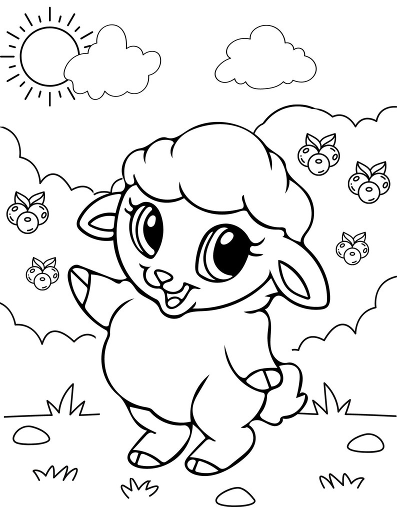 May include: A black and white line drawing of a cute cartoon lamb with big eyes and a happy expression. The lamb is standing in a field with grass and flowers. There are blueberries scattered around the lamb.