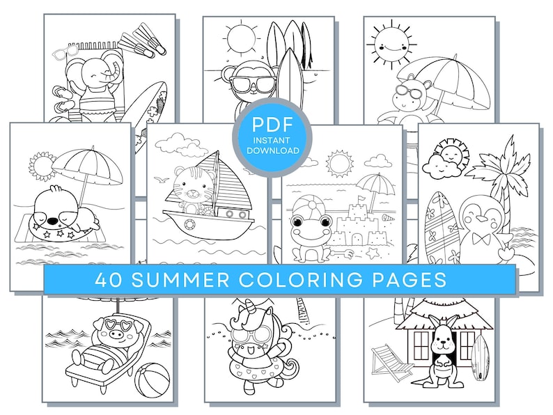 Peut inclure: 40 pages &agrave; colorier d'&eacute;t&eacute; en noir et blanc mettant en sc&egrave;ne de jolis animaux s'amusant en &eacute;t&eacute;, comme la natation, le surf et la construction de ch&acirc;teaux de sable. T&eacute;l&eacute;chargement instantan&eacute; PDF.