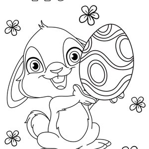 May include: A black and white line drawing of a bunny rabbit holding a decorated Easter egg. The bunny is smiling and has large eyes. The egg is decorated with swirls and circles. The text "Happy Easter!" is at the top of the image.