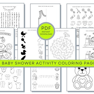 Páginas de actividades de baby shower, colorear de baby shower, imprimibles de baby shower, página de actividades de baby shower, juegos de baby shower, PDF de baby shower