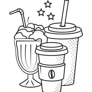 May include: Black and white line drawing of a milkshake, a coffee cup, and a tall glass of iced tea. All three drinks have straws. There are three stars in the background.