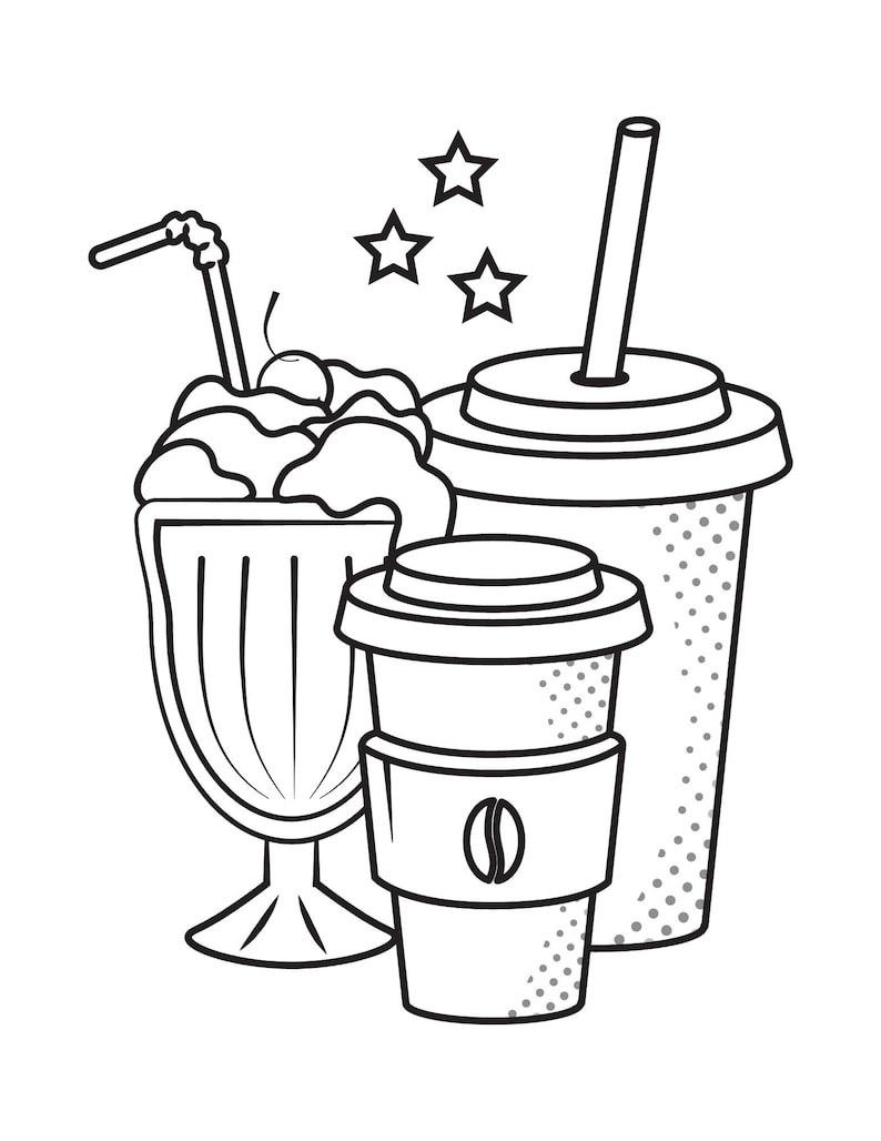 May include: Black and white line drawing of a milkshake, a coffee cup, and a tall glass of iced tea. All three drinks have straws. There are three stars in the background.