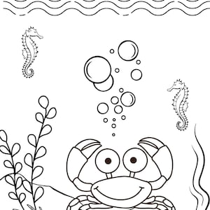 May include: A black and white line drawing of a crab with a big smile, surrounded by bubbles and seahorses. The crab is sitting on a rock with seaweed behind it.