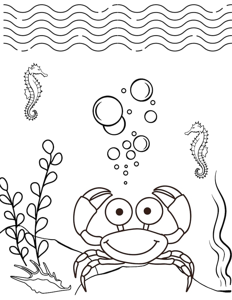 May include: A black and white line drawing of a crab with a big smile, surrounded by bubbles and seahorses. The crab is sitting on a rock with seaweed behind it.