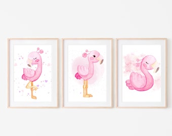 Decorazione murale con fenicotteri rosa, set da 3, stampabile con fenicotteri, stampa con fenicotteri, decorazione murale con fenicotteri, decorazione per la cameretta delle bambine, arte con fenicotteri