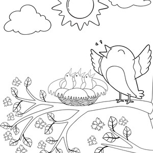 May include: A black and white line drawing of a bird singing on a branch with a nest of baby birds. The sun and clouds are in the background.