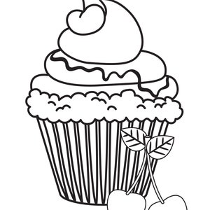 May include: A black and white line drawing of a cupcake with a cherry on top and two cherries on the bottom. The cupcake has a swirl of frosting and a chocolate drizzle.