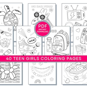 40 Teen Girls Coloring Pages, Teens Coloring Pages, Preppy Aesthetic Coloring, Teen Printables, VSCO PDF Coloring, Y2K Coloring Pages