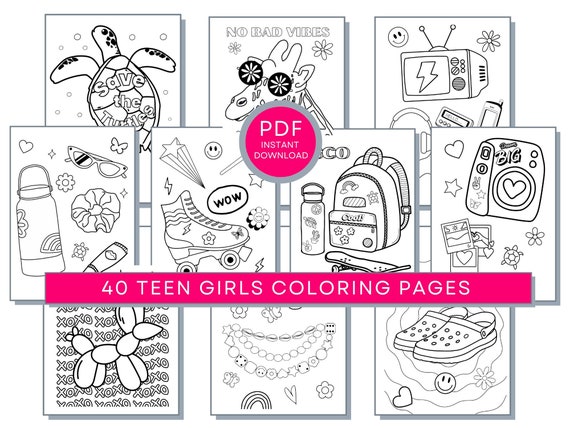 40 Teen Girls Coloring Pages, Teens Coloring Pages, Preppy Aesthetic Coloring, Teen Printables, VSCO PDF Coloring, Y2K Coloring Pages