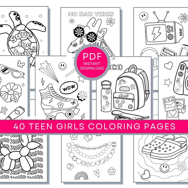 40 Teen Girls Coloring Pages, Teens Coloring Pages, Preppy Aesthetic Coloring, Teen Printables, VSCO PDF Coloring, Y2K Coloring Pages