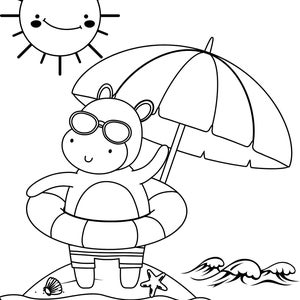 Peut inclure: Un dessin au trait noir et blanc d'un hippopotame portant des lunettes de soleil et un gilet de sauvetage, flottant dans l'oc&eacute;an avec un parasol de plage et un soleil souriant en arri&egrave;re-plan.