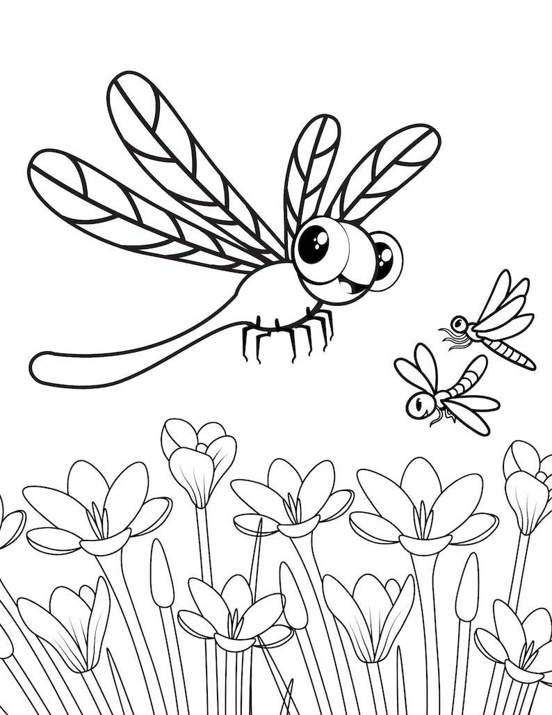 K&ouml;nnte beinhalten: Eine Schwarzwei&szlig;-Zeichnung einer Libelle mit gro&szlig;en Augen, die &uuml;ber einem Feld mit Krokusse fliegt.