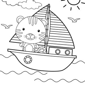 Peut inclure: Un dessin au trait noir et blanc d'un tigre assis dans un voilier sur l'oc&eacute;an. Le soleil brille dans le ciel et des mouettes volent au-dessus.