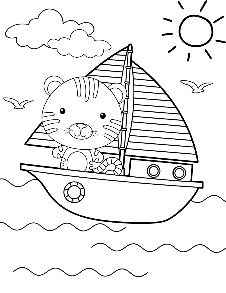 Peut inclure: Un dessin au trait noir et blanc d'un tigre assis dans un voilier sur l'oc&eacute;an. Le soleil brille dans le ciel et des mouettes volent au-dessus.