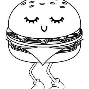 May include: A black and white line drawing of a cartoon hamburger with a smiling face and closed eyes. The hamburger has sesame seeds on the top bun and is wearing shoes.