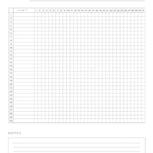 K&ouml;nnte beinhalten: Ein schwarz-wei&szlig;er Habit-Tracker mit einem Raster zum Verfolgen t&auml;glicher Gewohnheiten. Das Raster hat 31 Spalten f&uuml;r jeden Tag des Monats und 30 Zeilen f&uuml;r verschiedene Gewohnheiten. Der Tracker hat einen Bereich f&uuml;r Notizen am unteren Rand.