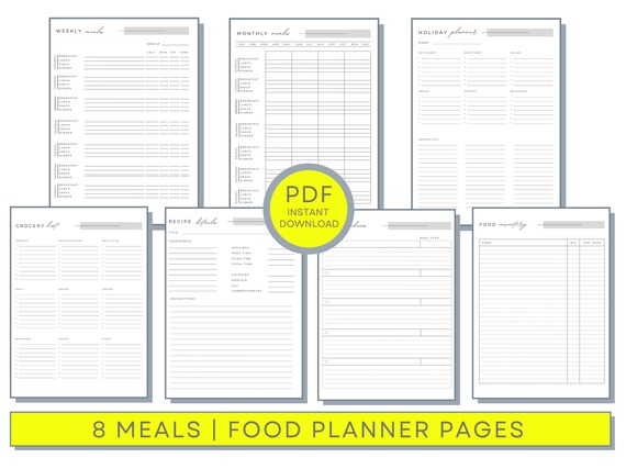 Meal Planner, 8 Page Meal Prep, Weekly Meal Planner, Meal Journal, Food Tracker, Daily Food Planner, Food Diary, Meal Log, Monthly Meal Plan