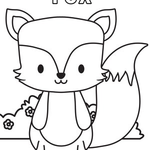 May include: A black and white line drawing of a cartoon fox with a bushy tail. The fox is sitting in front of a bush with flowers. The word "FOX" is written above the fox.