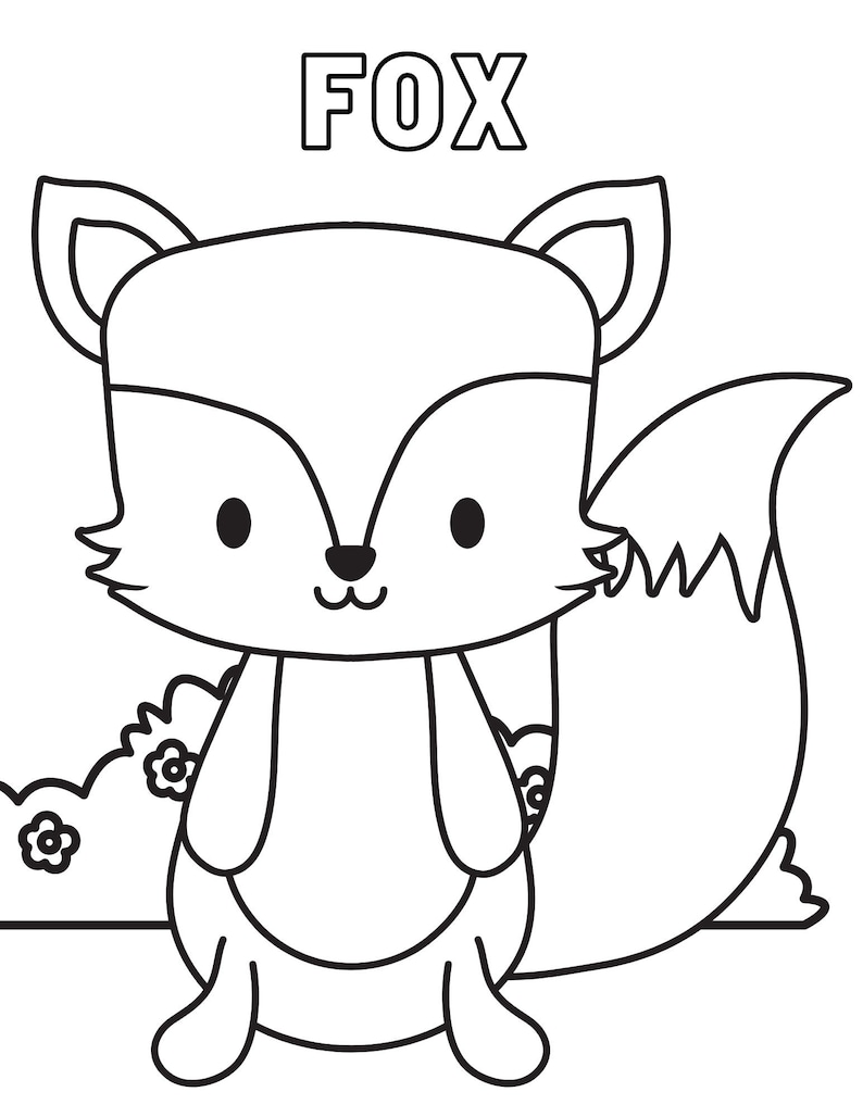 May include: A black and white line drawing of a cartoon fox with a bushy tail. The fox is sitting in front of a bush with flowers. The word "FOX" is written above the fox.
