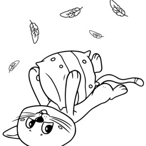 May include: Black and white cartoon illustration of a cat lying on its back, holding a striped pillow. Several feathers are floating in the air above the cat. The cat has a surprised expression.