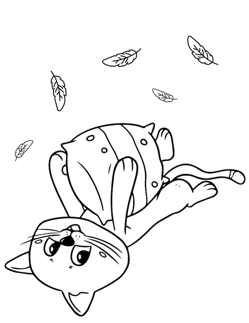 May include: Black and white cartoon illustration of a cat lying on its back, holding a striped pillow. Several feathers are floating in the air above the cat. The cat has a surprised expression.