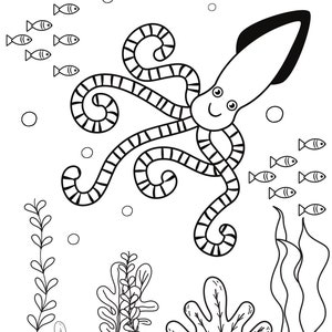 May include: A black and white line drawing of a squid with a smiling face swimming in the ocean. The squid has eight tentacles with stripes and a large fin. There are small fish swimming around the squid and seaweed at the bottom of the ocean.