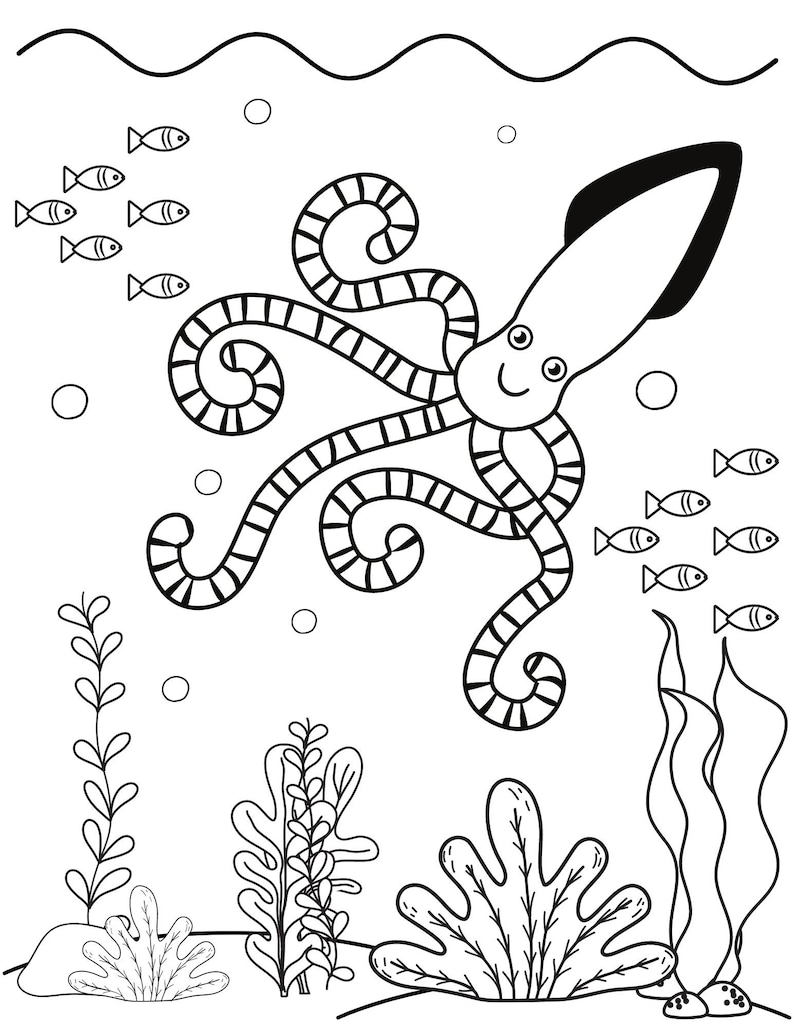 May include: A black and white line drawing of a squid with a smiling face swimming in the ocean. The squid has eight tentacles with stripes and a large fin. There are small fish swimming around the squid and seaweed at the bottom of the ocean.