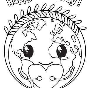 May include: A black and white line drawing of a cartoon Earth holding a heart. The Earth has a smiling face and big eyes. The text "Happy Earth Day!" is above the Earth.