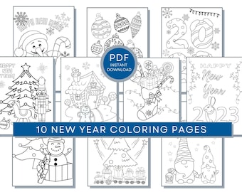 10 New Year Coloring Pages: PDF Coloring New Year Printables, Winter Coloring Sheets, Holiday Coloring Pages, New Year Activity Page