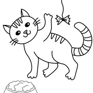 May include: A black and white line drawing of a playful cat reaching for a dangling bow. The cat has stripes and whiskers, and a bowl of food with a fishbone design sits below.
